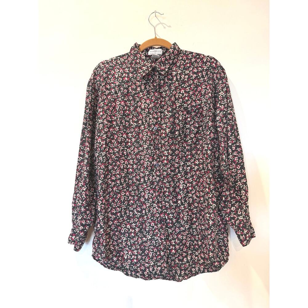 Vtg 90s 100% silk oversized button up blouse M black red floral cottagecore